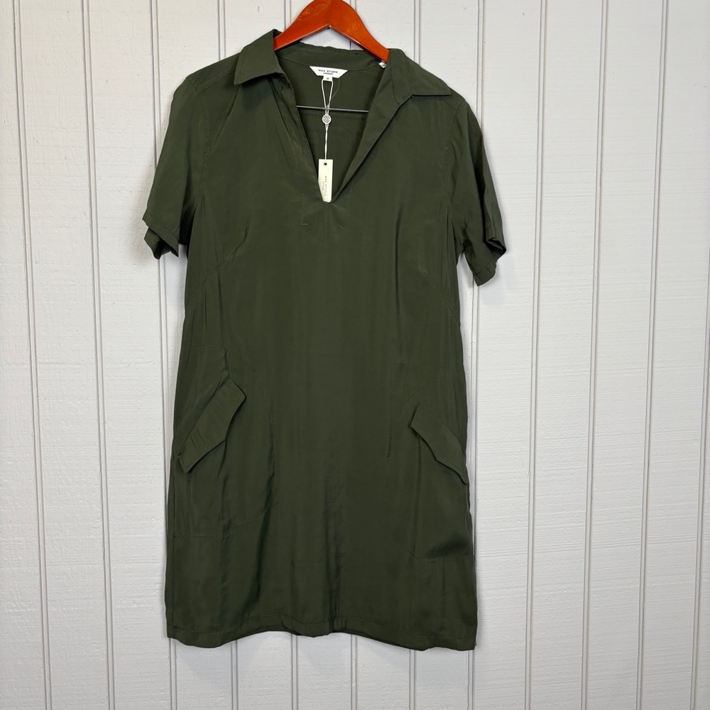 NWT Max Studio twill shift Olive Green Short Sleeve V-Neck Mini Dress Size M